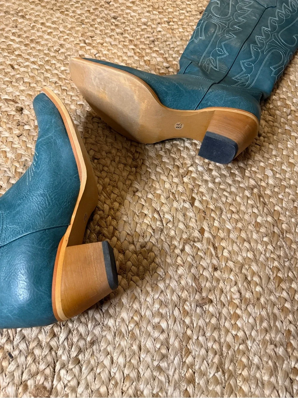 Teal Embroidered Knee-High Western Boots - Women